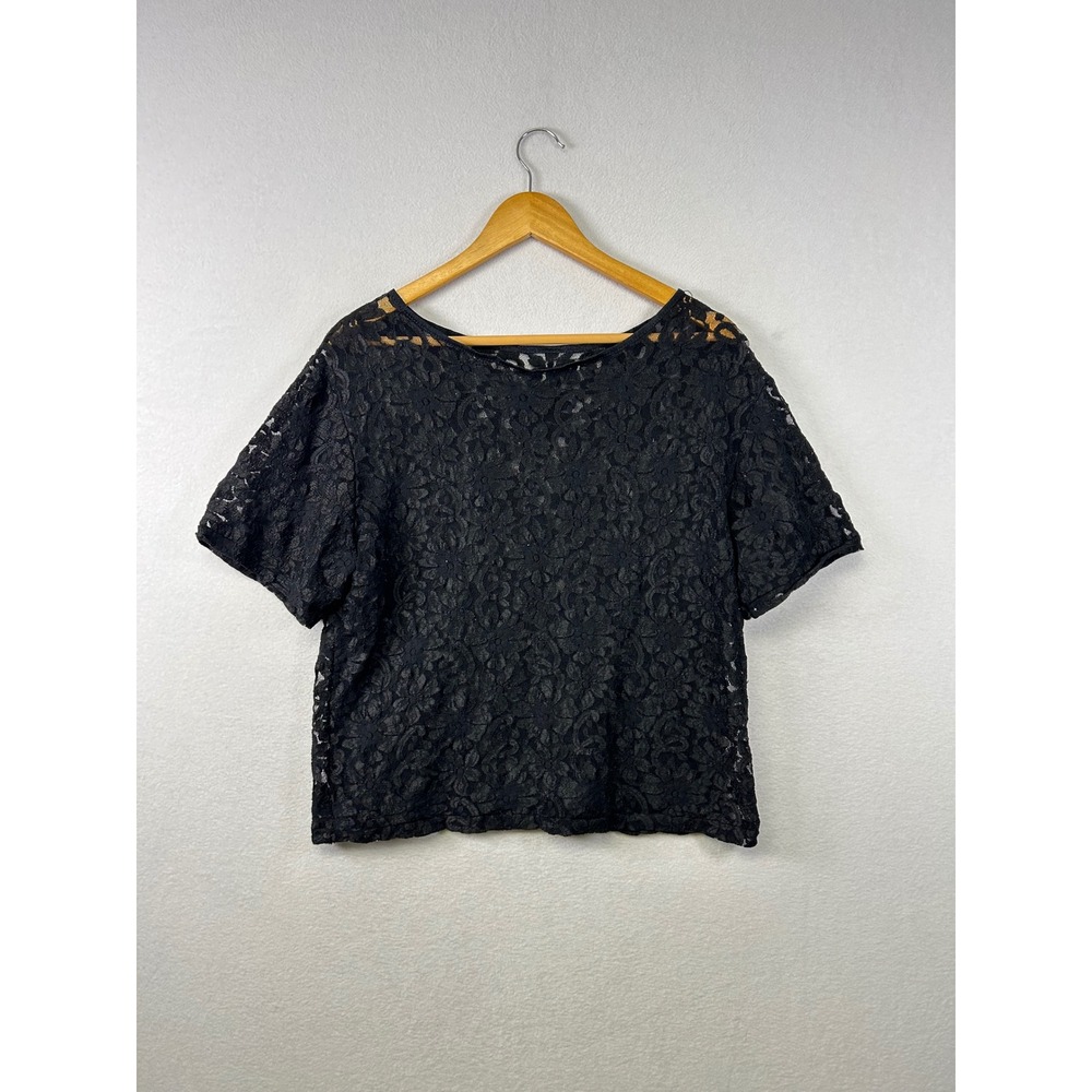 Sheer Black Lace Top Short Sleeve Scoop Neck Elegant Women's Blouse